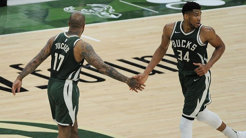 PJ Tucker and Giannis Antetokounmpo of the Milwaukee Bucks