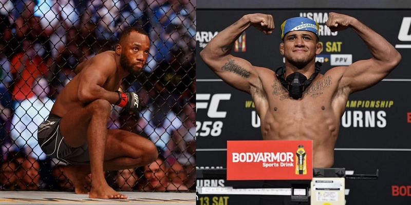 Leon Edwards prepares to fight Nate Diaz (left) and Gilbert Burns at a weigh-in (right).