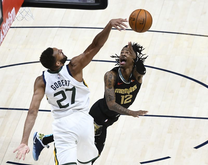 Rudy Gobert #27 blocks Ja Morant #12