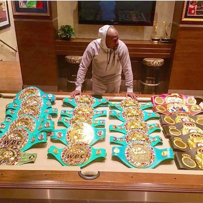Showcase of Floyd Mayweather&#039;s belts in his house