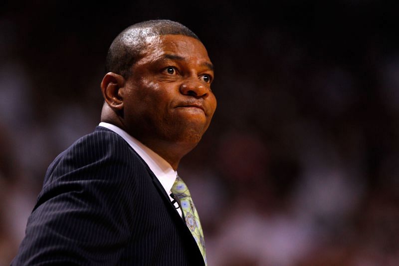 Head coach Doc Rivers of the Boston Celtics reacts in the second quarter as the Celtics take on the Miami Heat in Game Seven of the Eastern Conference Finals in the 2012 NBA Playoffs on June 9, 2012.