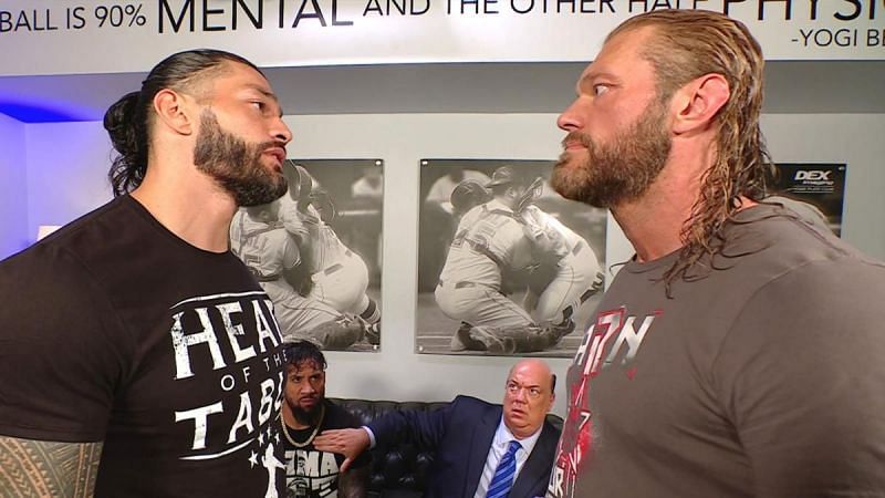 Edge confronting Roman Reigns backstage