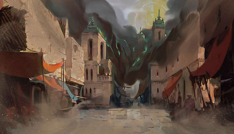 The Black Mist engulfing a village of Shurima (Image via Riot Games - League of Legends)