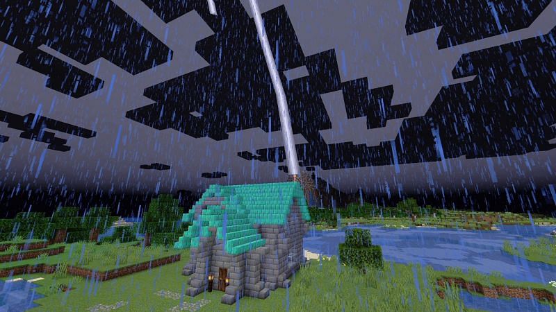 A lightning rod in use on top of a house. Image via Minecraft Wiki