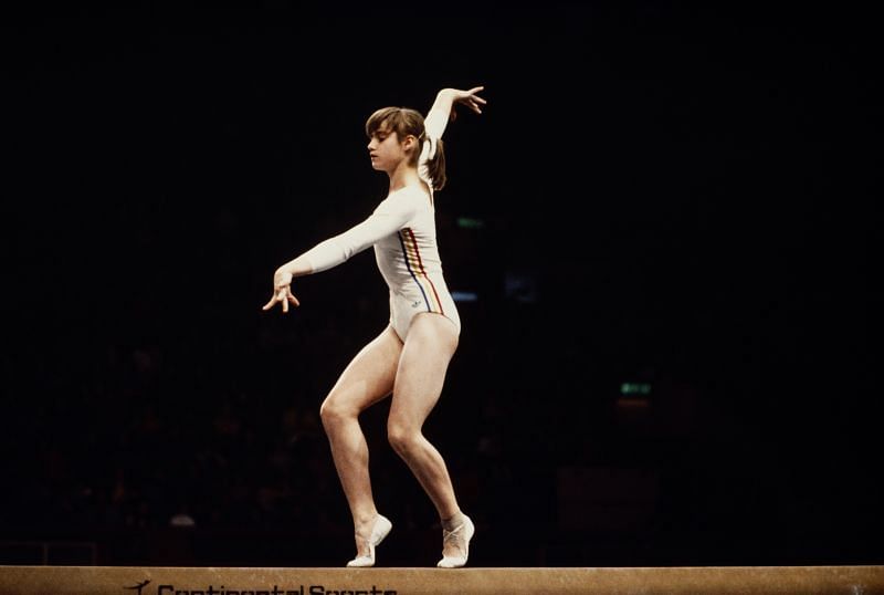 Nadia Comaneci performing balance beam at the 1976 Montreal Olympics.