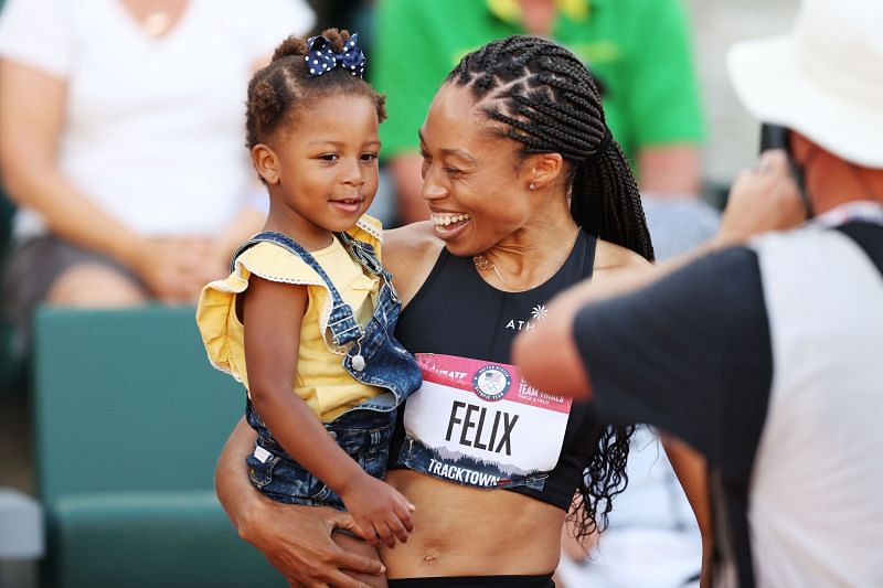 Allyson Felix with her daughter Camryn at the US Olympic Track Field Trials