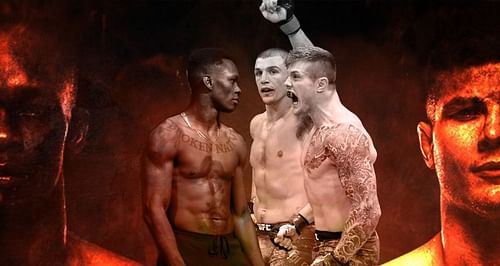 Israel Adesanya (left), Alessio Di Chirico (center), and Marvin Vettori (right)