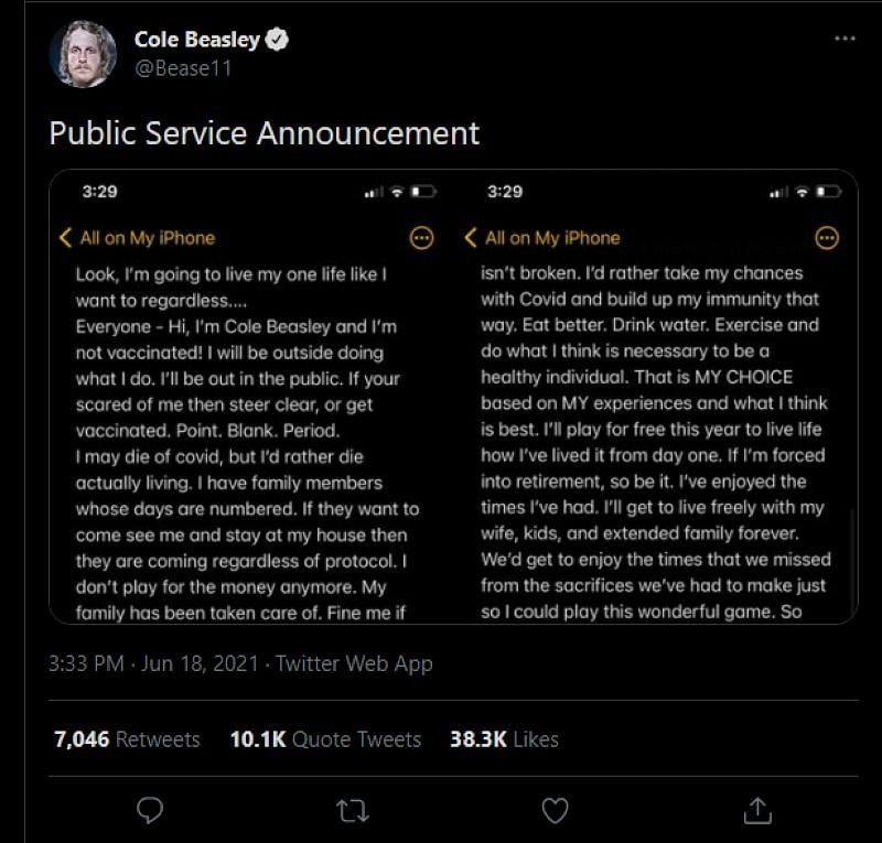 Cole Beasley&#039;s Public Service Announcement tweet