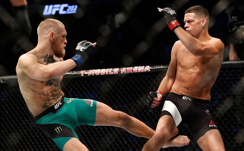 Conor McGregor (left) and Nate Diaz (right) at UFC 202