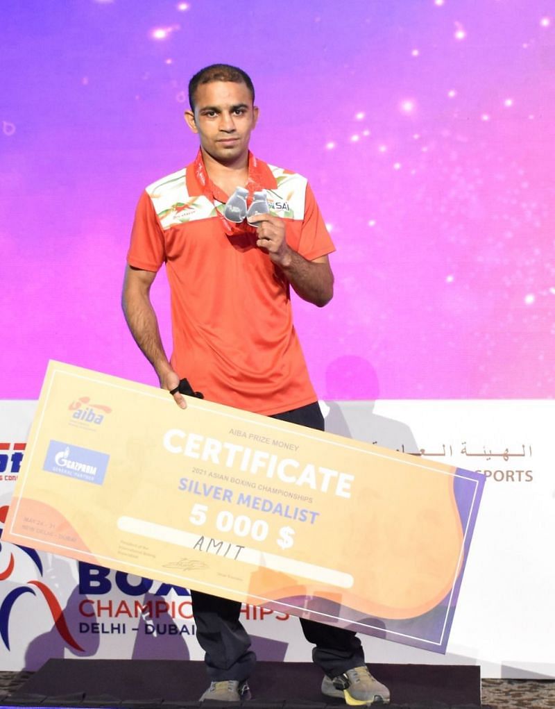 Amit Panghal during the medal ceremony at Asian Boxing Championships in Dubai. (Source: BFI)