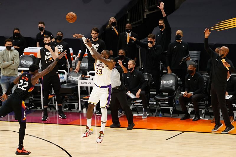 LeBron James #23 of the LA Lakers attempts a shot.