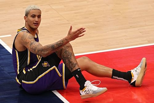 Kyle Kuzma #0 reacts against the Washington Wizards.