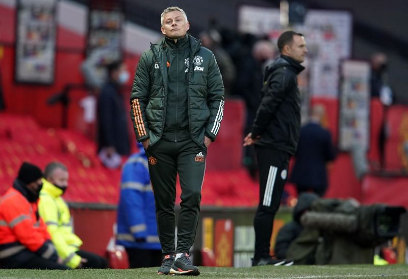 Manchester United boss Ole Gunnar Solskjaer looks on during a 2020-21 Premier League match