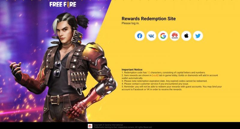 Players should log in to the Free Fire Rewards Redemption Site