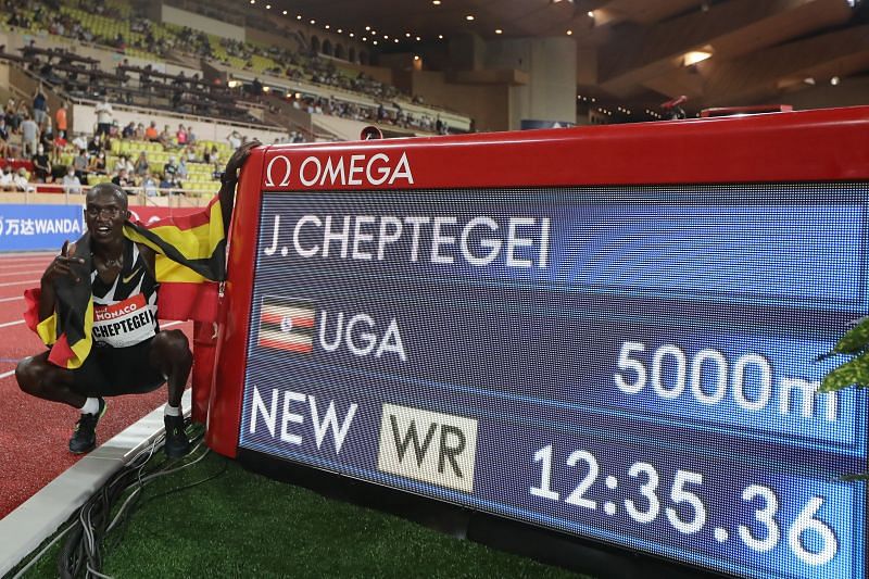 Joshua Cheptegei after setting a world record at the Monaco Diamond League in 2020