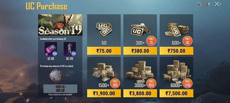 UC packs in Battlegrounds Mobile India (BGMI)