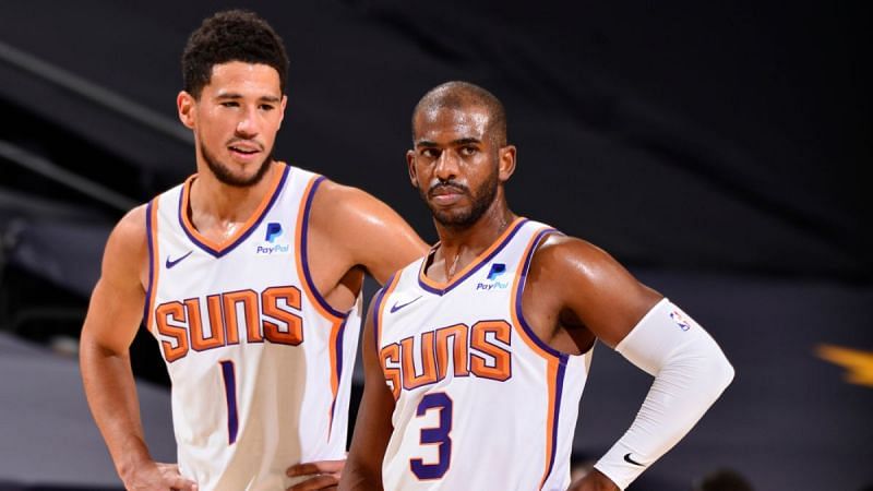 Chris Paul and Devin Booker of the Phoenix Suns