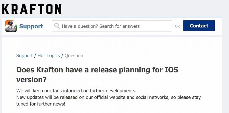 Answert to a query about iOS availability (Image via Battlegrounds Mobile India)