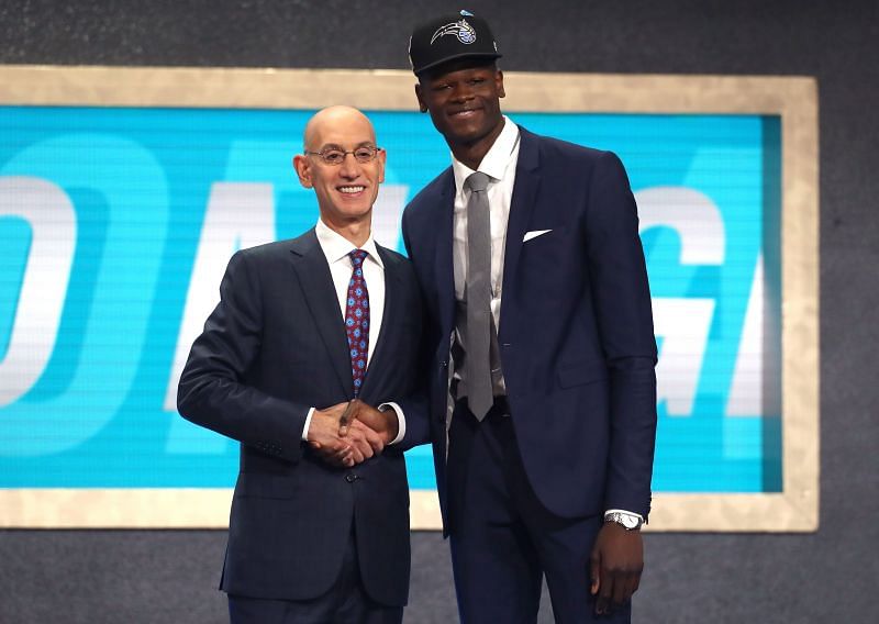 Mohamed Bamba poses with NBA Commissioner Adam Silver after being drafted sixth overall by the Orlando Magic during the 2018 NBA Draft
