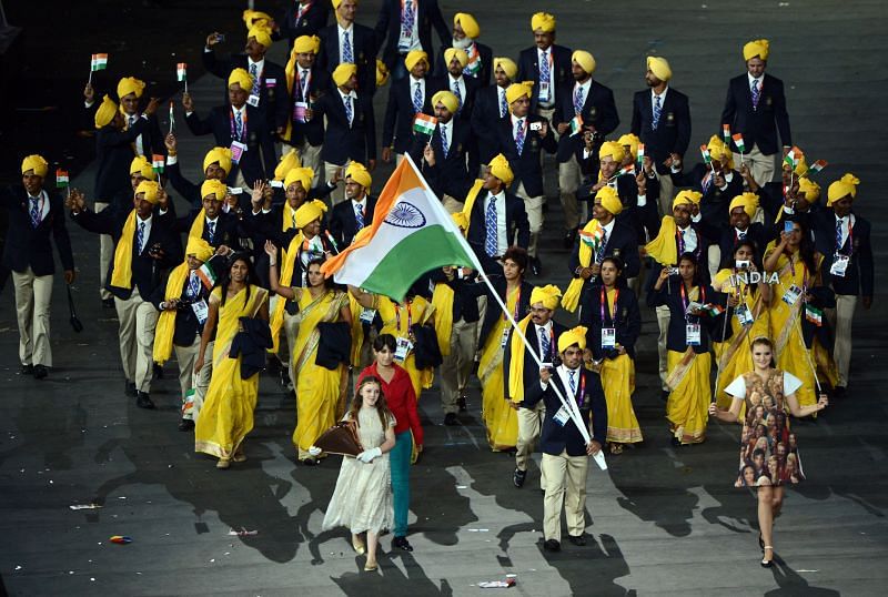 Sushil Kumar carrying the Indian flag and leading the Indian contingent at the 2012 Olympic Games Opening Ceremony