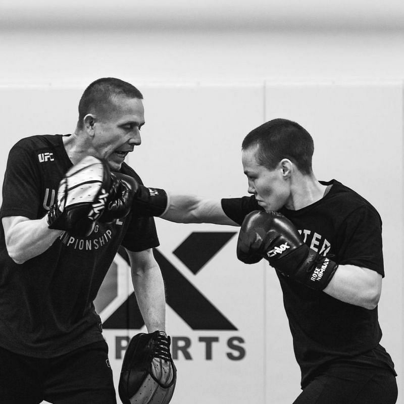 Rose Namajunas (right) training with her boxing coach