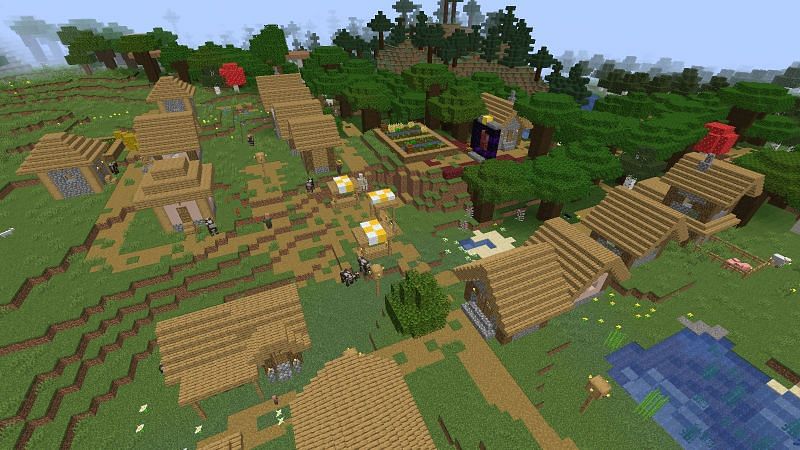 A village with a ruined portal (Image via Minecraft)