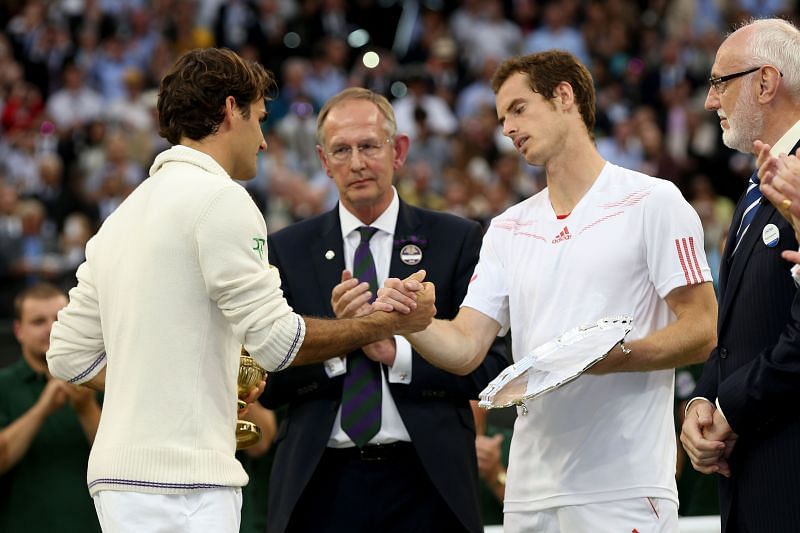 Roger Federer (L) and Andy Murray after Wimbledon 2012 final