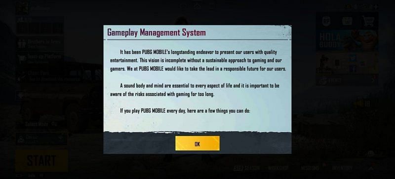 The Gameplay Management System notice in BGMI