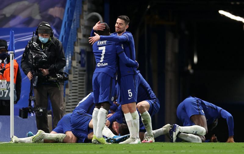 Chelsea&#039;s N&#039;Golo Kante (number seven) and Jorginho hug each other.