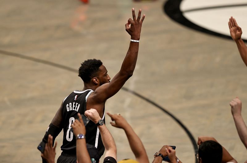 Jeff Green #8 of the Brooklyn Nets celebrates his 3-point shot.