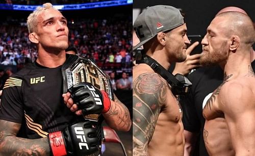 Charles Oliveira (left); Dustin Poirier (center); Conor McGregor (right)