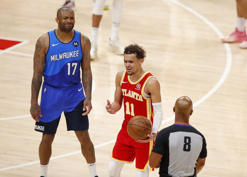 Trae Young #11 of the Atlanta Hawks looks on during his side&#039;s game against Milwaukee Bucks