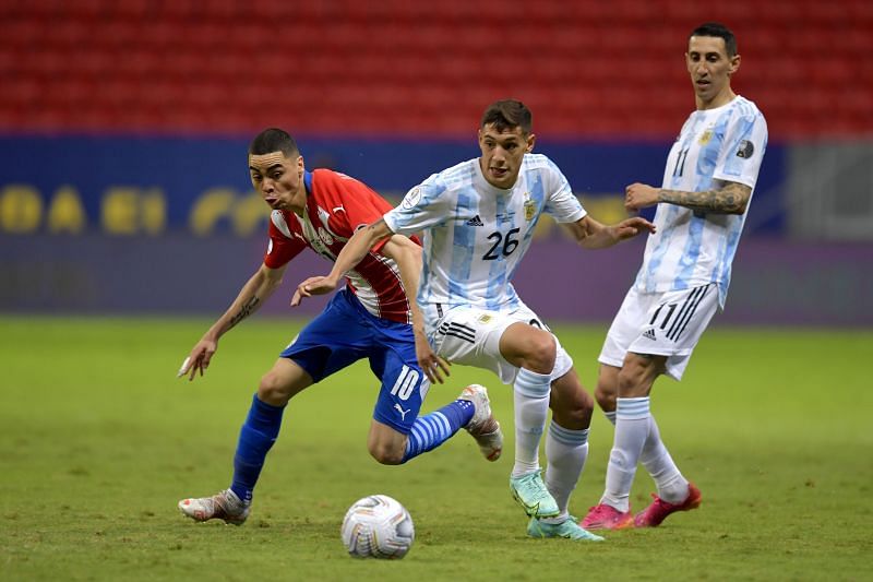 Nahuel Molina (centre) and Angel di Maria (right) excelled as Argentina qualified for the 2021 Copa America quarterfinals
