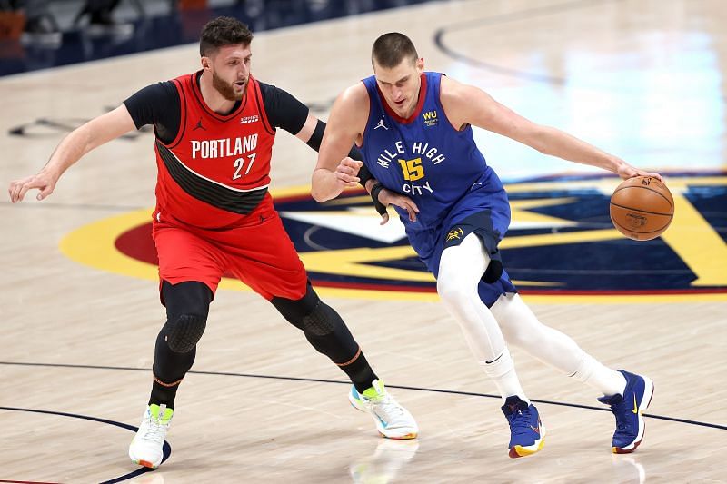 Jusuf Nurkic #27 of the Portland Trail Blazers in action against the Denver Nuggets