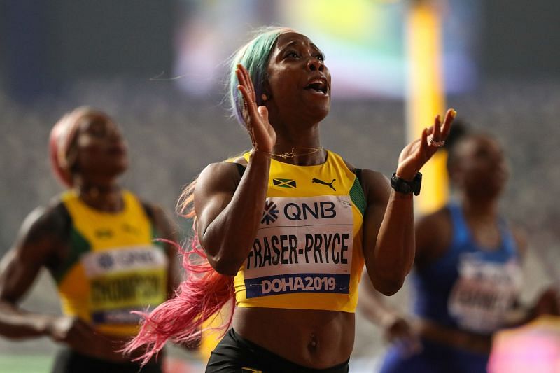 Shelly-Ann Fraser-Pryce of Jamaica celebrates winning the Women&#039;s 100 Metres final at the 2019 World Athletics Championships (Photo by Patrick Smith/Getty Images