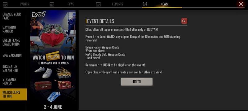 The new WATCH CLIPS TO WIN! event in Free Fire