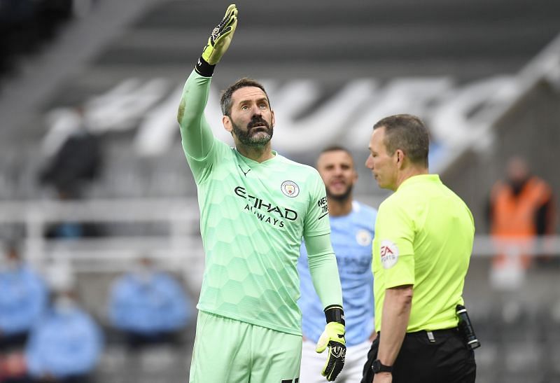 Scott Carson reacts during Manchester City&#039;s match against Newcastle