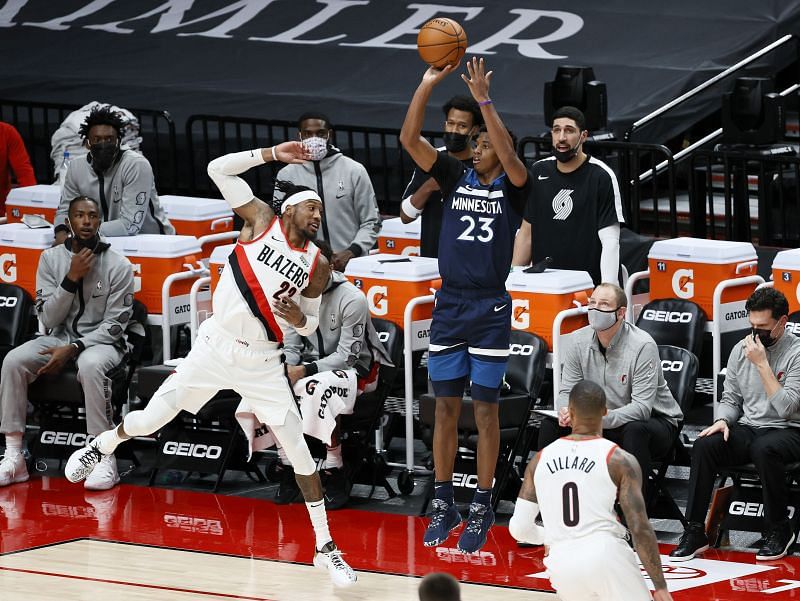 Minnesota Timberwolves #23 Jarrett Culver in action against the Portland Trail Blazers during the 2020-21 season
