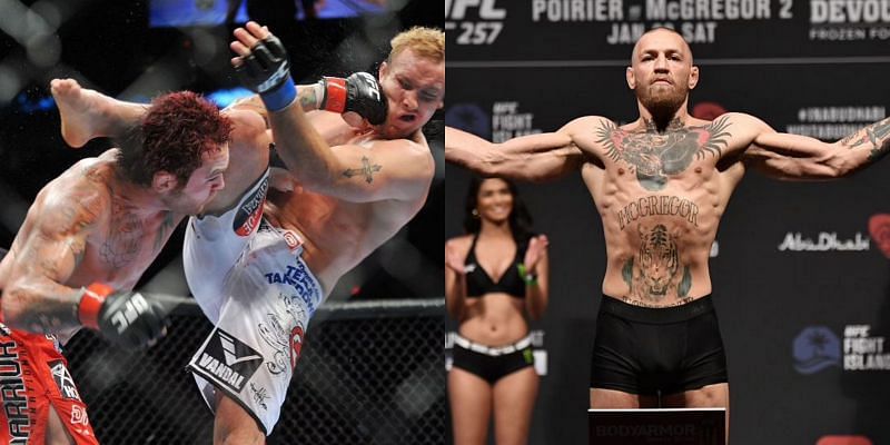 Chris Leben fighting in the UFC (left) and Conor McGregor at the UFC 257 weigh-ins (right)
