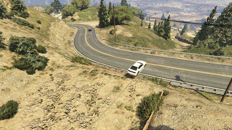 An off-road jump along a dirt path (Image via GTA Wiki)