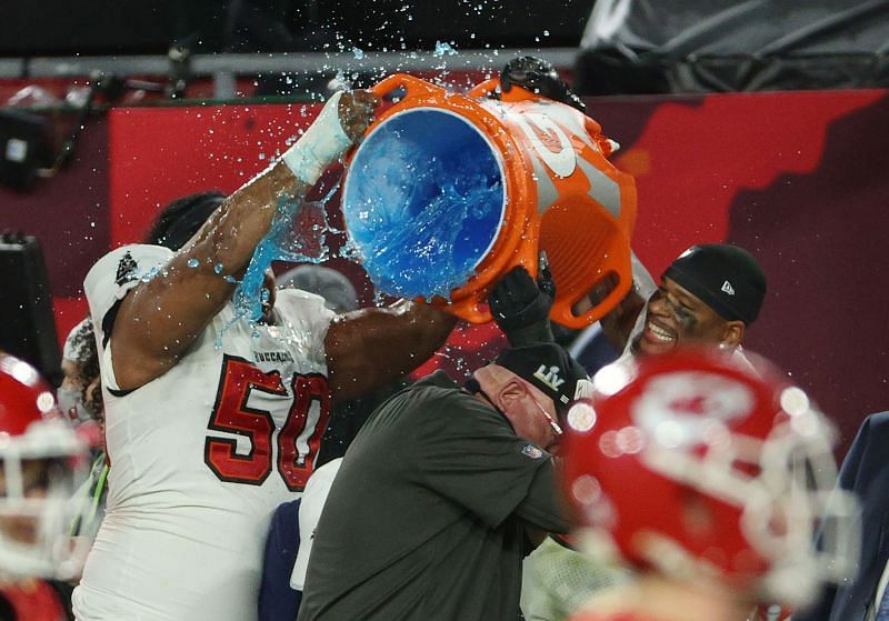 Tampa Bay Buccaneers head coach Bruce Arians receives a Gatorade bath after winning the Super Bowl