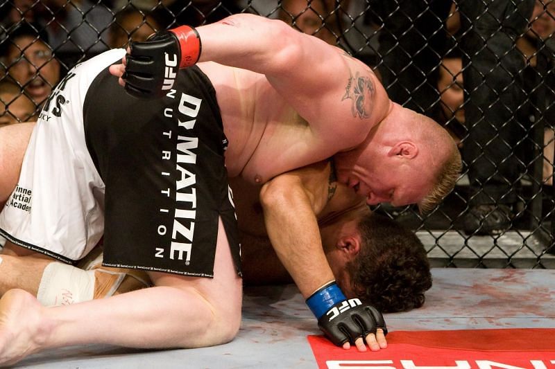 Brock Lesnar with the ground and pound on Frank Mir