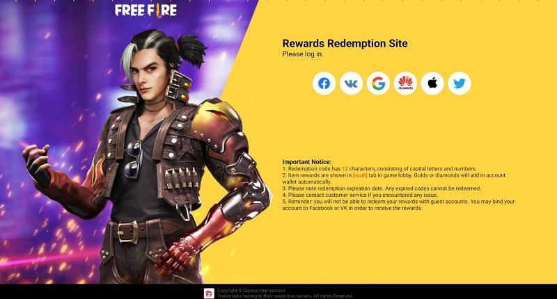 Users need to login on the Rewards Redemption Site to use the codes (Image via Free Fire)