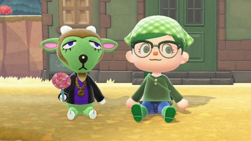 Player chilling with Gruff in Animal Crossing: New Horizons (Image via moresimsie)