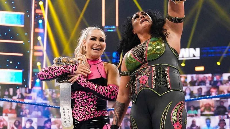 Natalya (left) and Tamina are the current WWE Women&#039;s Tag Team Champions