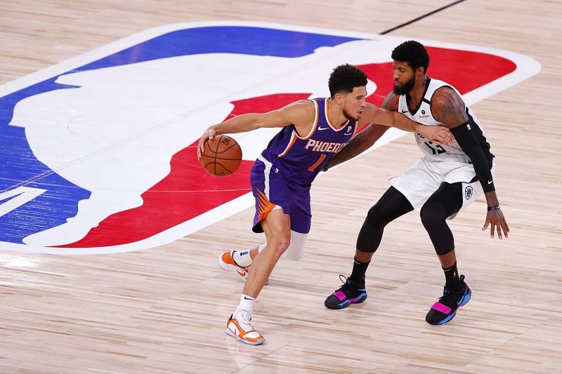 Devin Booker (left) had 16 20-point games, while Paul George had 19 in the 2021 NBA Playoffs.