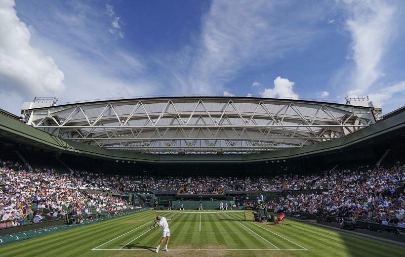 A general view of Centre Court at the All England Lawn Tennis and Croquet Club