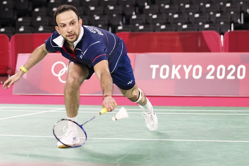 Kevin Cordon of Team Guatemala competes against Mark Caljouw of Team Netherlands during a Men&#039;s Singles Round of 16 match