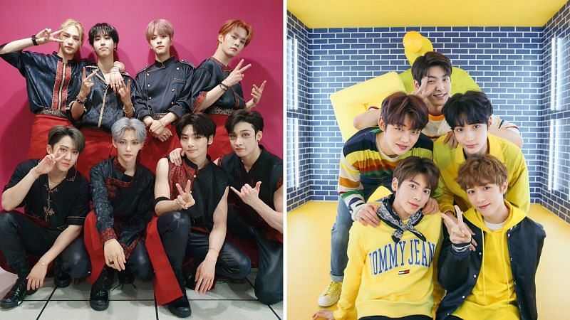 Left: Stray Kids | Right: TXT (Images via JYP Entertainment and Big Hit Music)