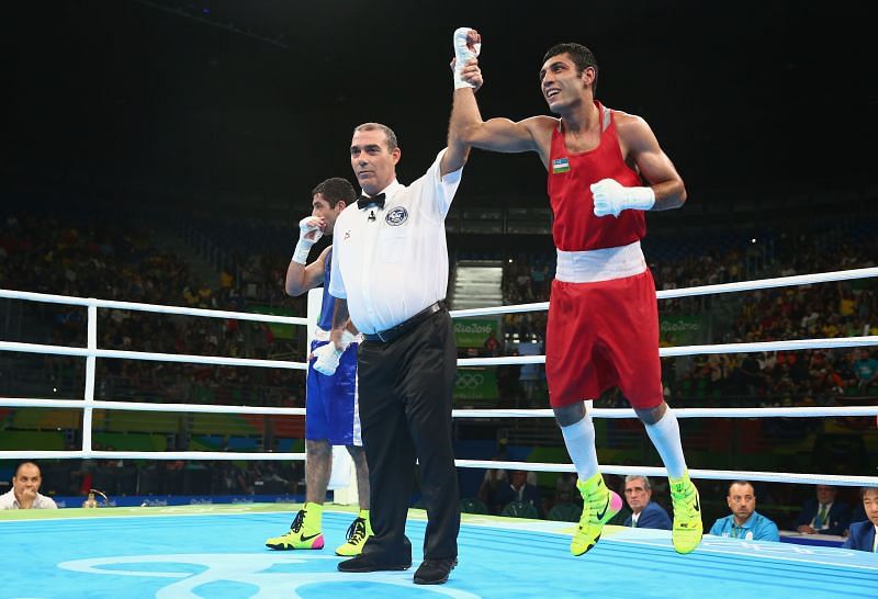 Shakhobidin Zoirov celebrates his victory against Amit Panghal